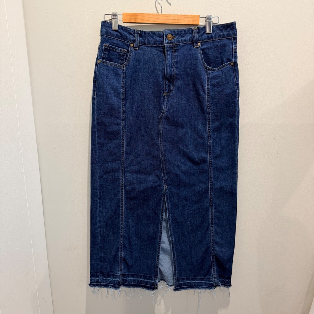 Rachel Zoe Dark Wash Frayed Hem Midi Denim Skirt Front Slit | Size 12
